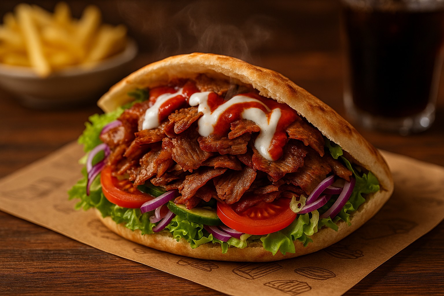 Nahaufnahme eines frisch zubereiteten Döners im Pita-Brot, gefüllt mit dampfendem, gewürztem Fleisch, frischem Salat, Tomaten, roten Zwiebeln und Soßen, serviert auf einem Holztisch.