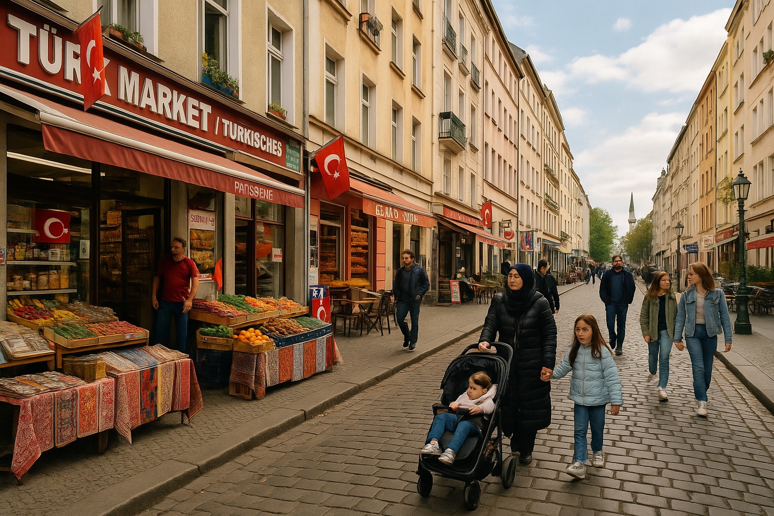 Belebte türkische Einkaufsstraße in einer europäischen Stadt mit Geschäften, türkischen Flaggen und Passanten, darunter Familien mit Kindern und ein Marktstand mit Obst und Stoffen.