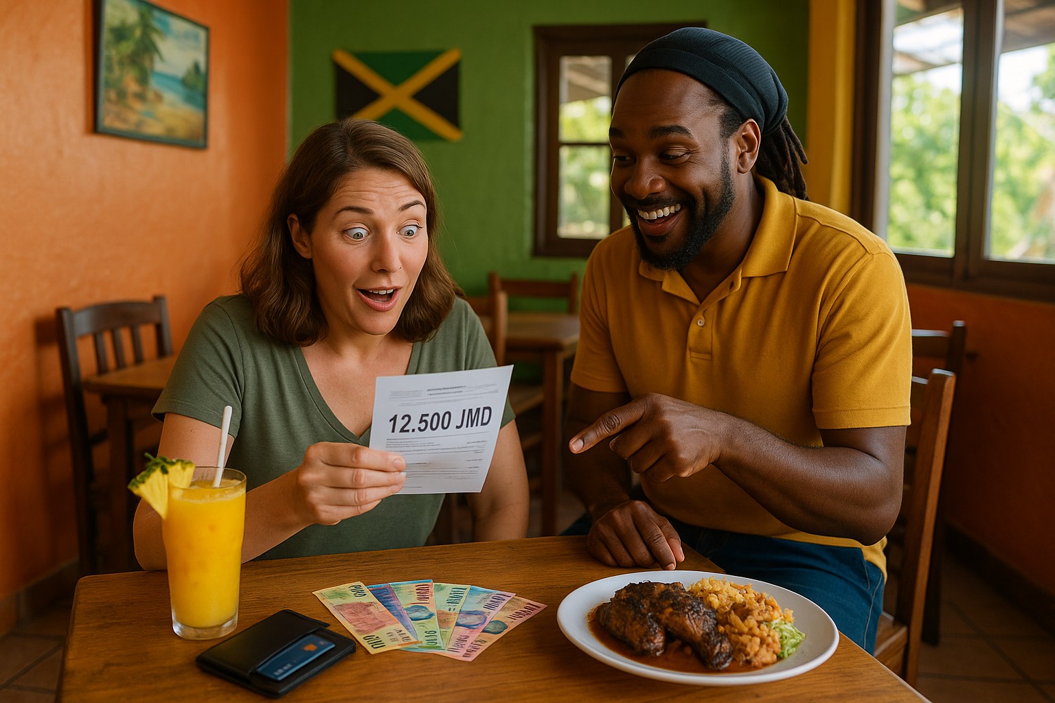 Eine Touristin schaut überrascht auf eine Restaurantrechnung mit „12.500 JMD“, während ein jamaikanischer Kellner lachend darauf zeigt. Auf dem Tisch liegen bunte jamaikanische Banknoten, ein Teller mit Jerk Chicken und ein tropischer Saft.