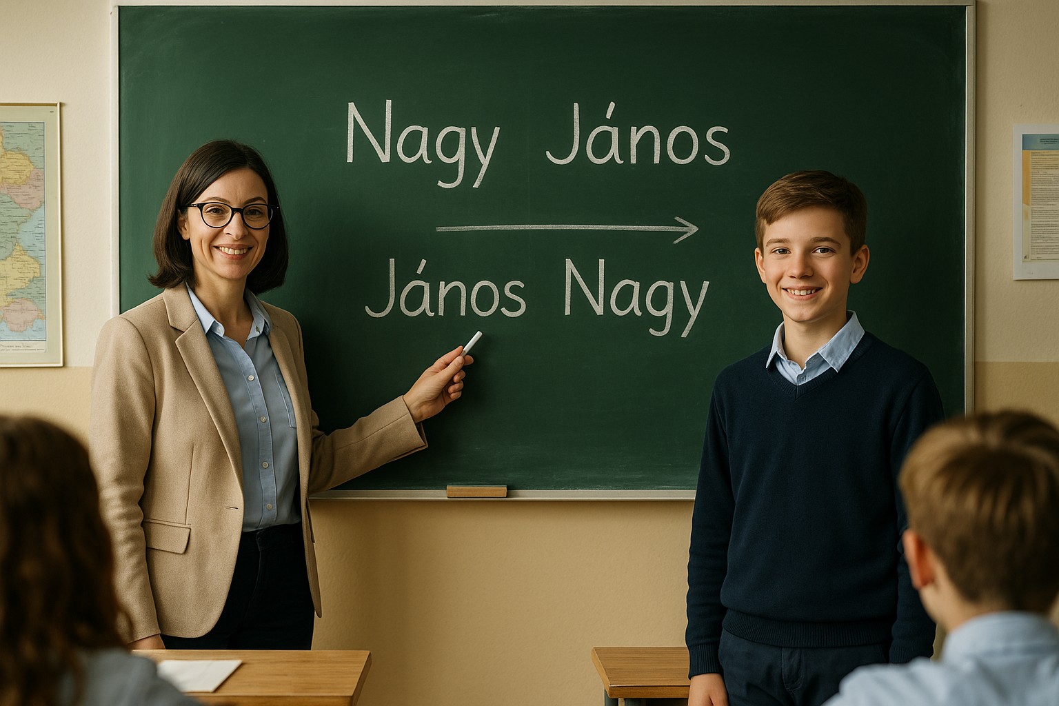 Ungarisches Klassenzimmer mit Lehrerin, die auf eine Tafel zeigt, auf der „Nagy János → János Nagy“ geschrieben steht, während ein Schüler daneben lächelt.
