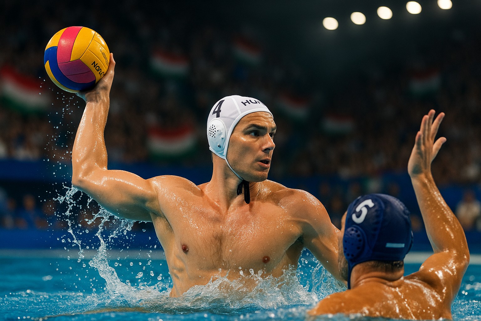 Ungarischer Wasserballspieler wirft den Ball in einem olympischen Becken, während Wasser in der Luft spritzt und ein Gegner versucht zu blocken.