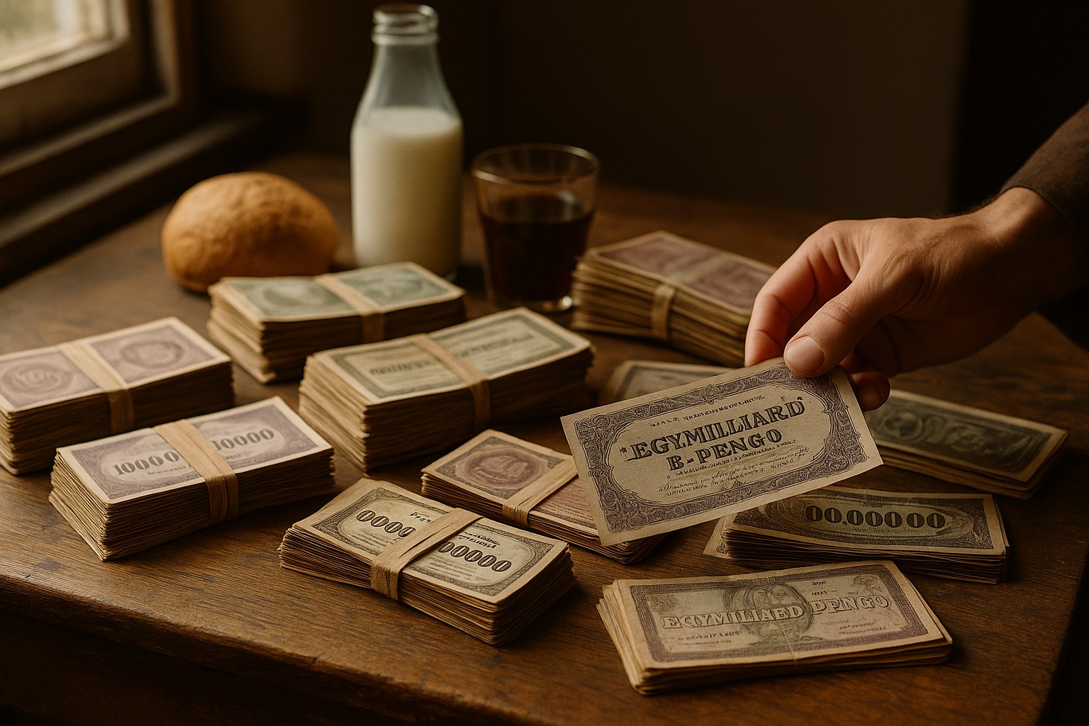 Ungarische Banknoten des Adópengő stapeln sich auf einem Holztisch, während eine Hand einen Schein mit astronomischer Zahl hält. Daneben liegen ein Brotlaib und eine Milchflasche.