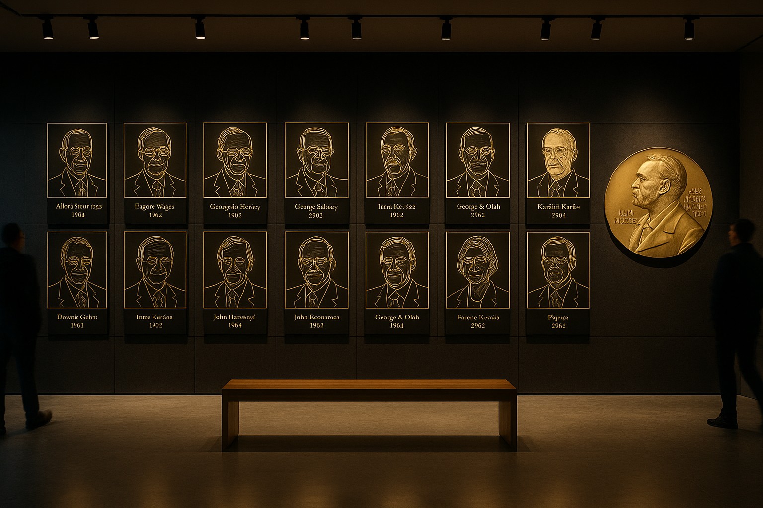 Ausstellungshalle in Budapest mit einer Wand, die ungarischen Nobelpreisträgern gewidmet ist. Zwölf goldene Porträts in einem Raster sind beleuchtet, daneben eine große Nobelmedaille.