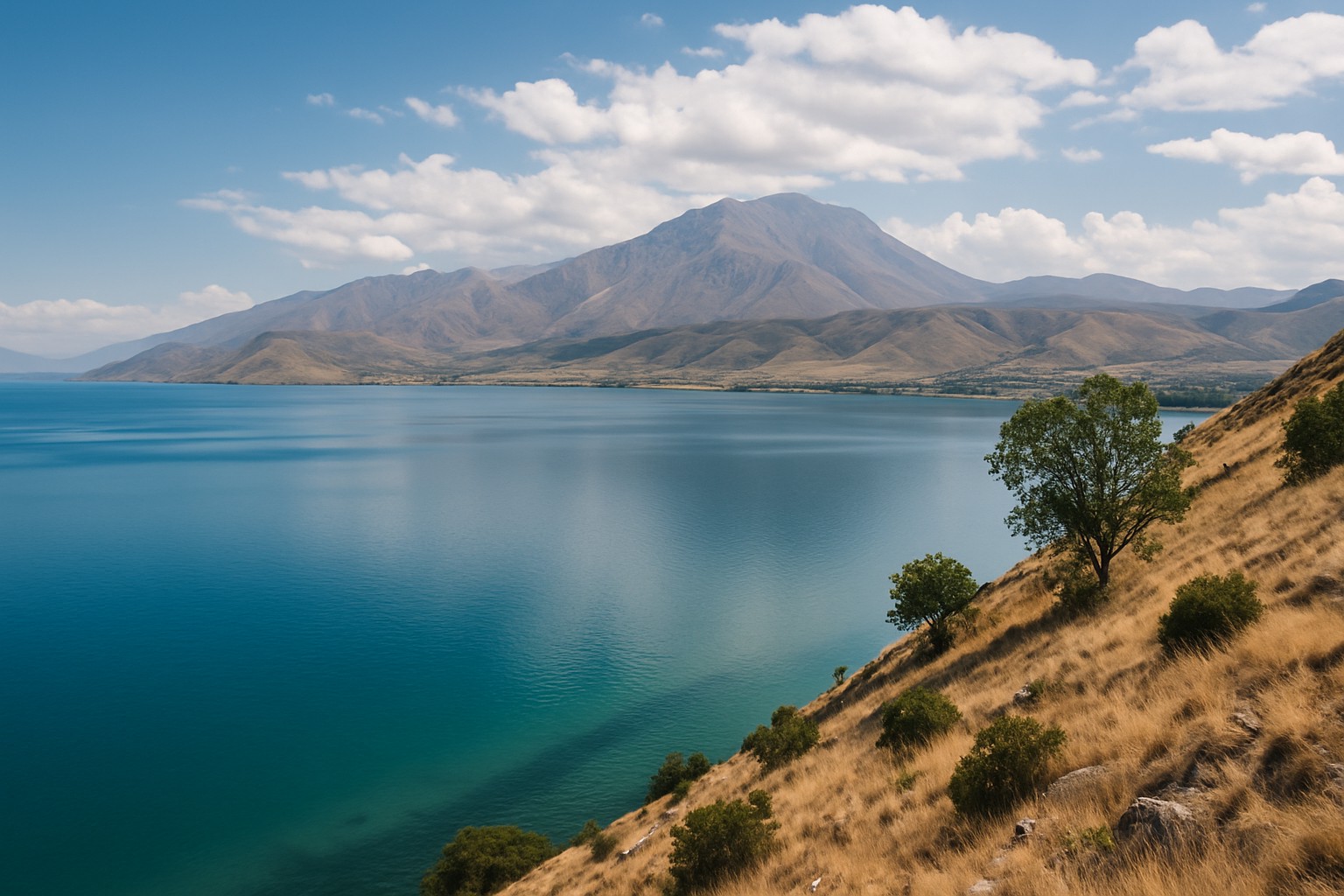 Der Vansee in der Türkei mit türkisblauem Wasser, einer Halbinsel mit der historischen Akdamar-Kirche und schneebedeckten Bergen im Hintergrund.