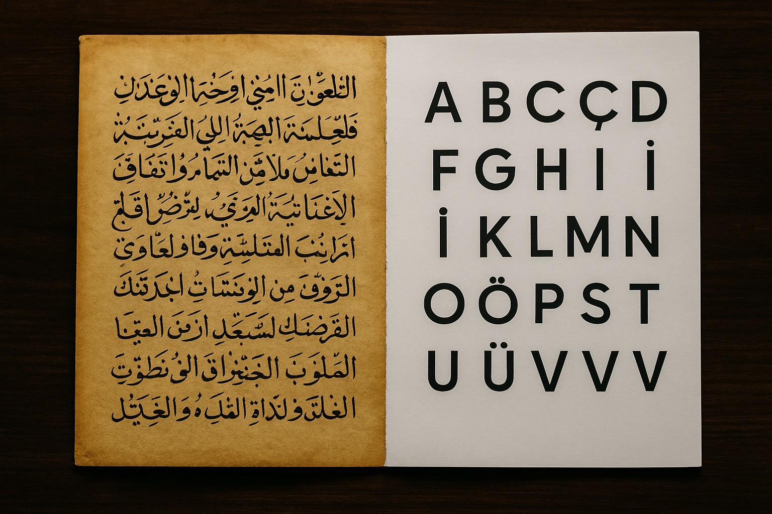 Zweiteilige Szene zeigt links eine alte osmanische Handschrift auf vergilbtem Papier und rechts eine moderne türkische Seite in lateinischer Schrift, nebeneinander auf einem dunklen Holztisch.