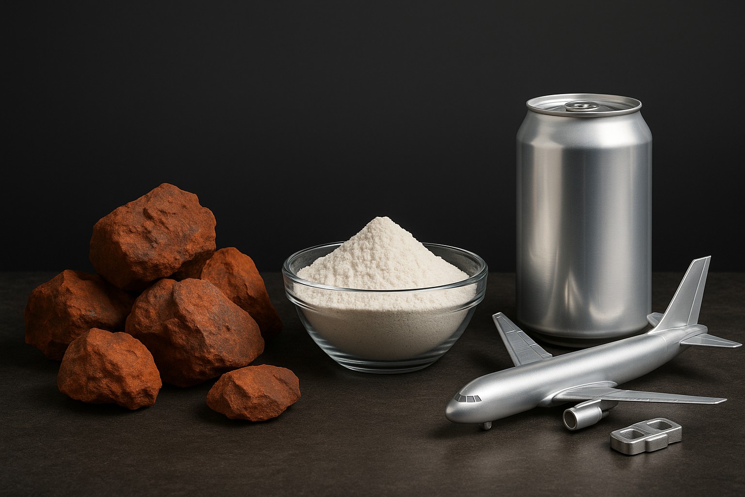 Bauxit-Steine, eine Glasschale mit weißem Alumina-Pulver und fertige Aluminiumprodukte wie eine Getränkedose und ein Flugzeugmodell, arrangiert auf dunklem Hintergrund.