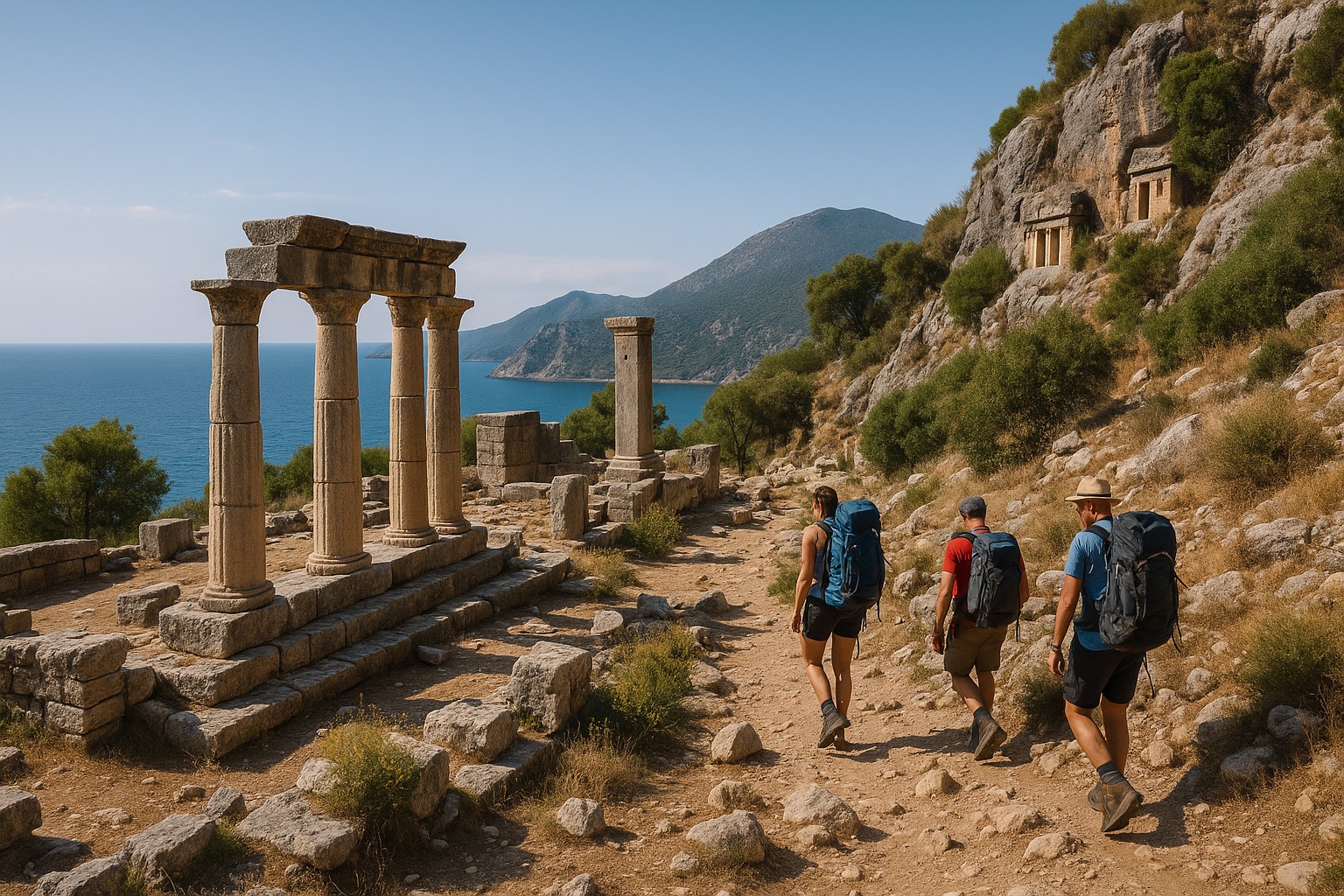 Drei Wanderer mit Rucksäcken gehen auf dem Lykischen Weg in der Türkei entlang antiker Ruinen mit dorischen Säulen, Meerblick und in Felsen gehauenen Gräbern.